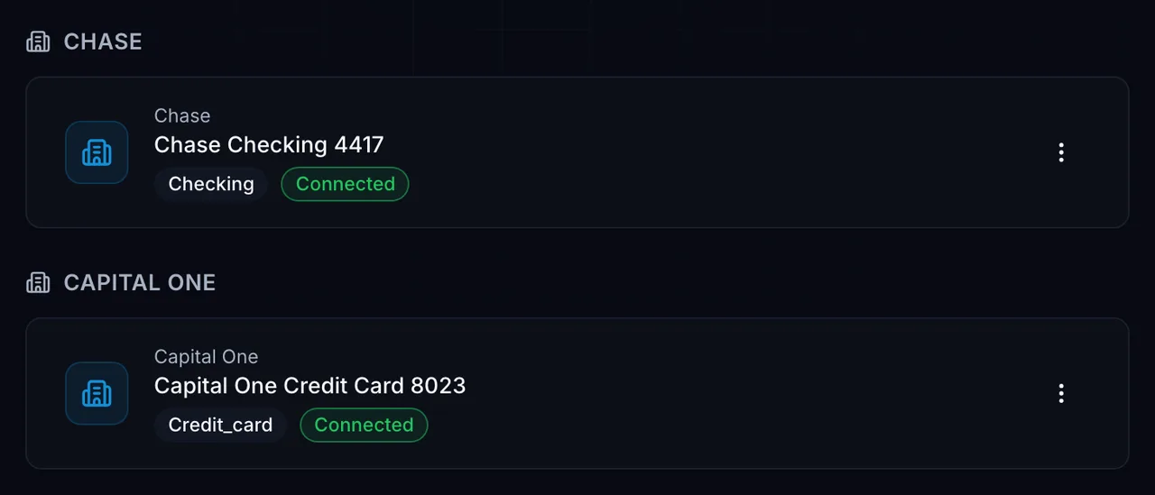 Accounts page with a connected checking account and credit card.