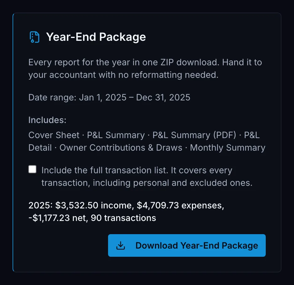 Year-End Package card: a single ZIP file of the year's reports to hand to your accountant, with a download button.